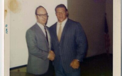 Maurice Simon (left) meeting with the legendary Bruno Sammartino in June 1970. (Photo courtesy of Rauh Jewish Archives at the Heinz History Center)