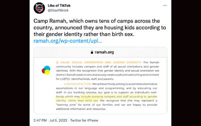 Libs of TikTok, a Twitter account popular in the right-wing political media space, named Camp Ramah in California in a tweet on Wednesday, where it received more than 2,000 likes and more than 700 shares. (Twitter)
