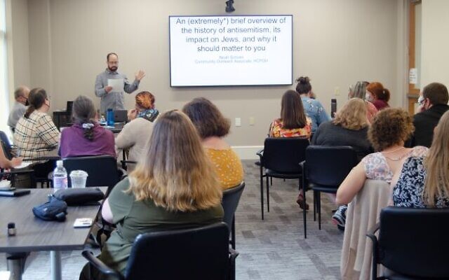 Noah Schoen talks to National Endowment for the Humanities Summer Institute participants at the Jewish Community Center in Squirrel Hill July 14, 2022. Photo provided by Seton Hill University.
