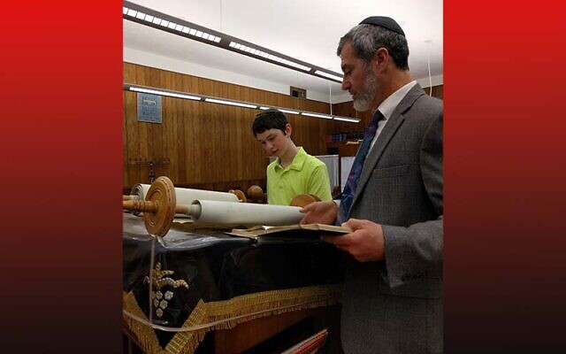 Rabbi Wasserman reviewing the portion with my Gabe Small. Photo by Stephanie Small.