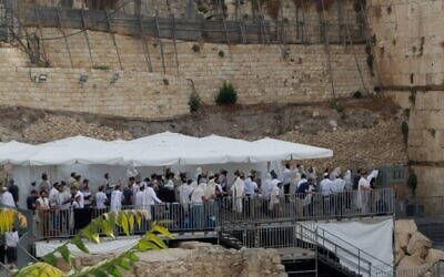 Segregated-gender Orthodox prayer in the Robinson’s Arch pluralistic prayer platform at the Western Wall, July 13, 2018. (Courtesy via Times of Israel)