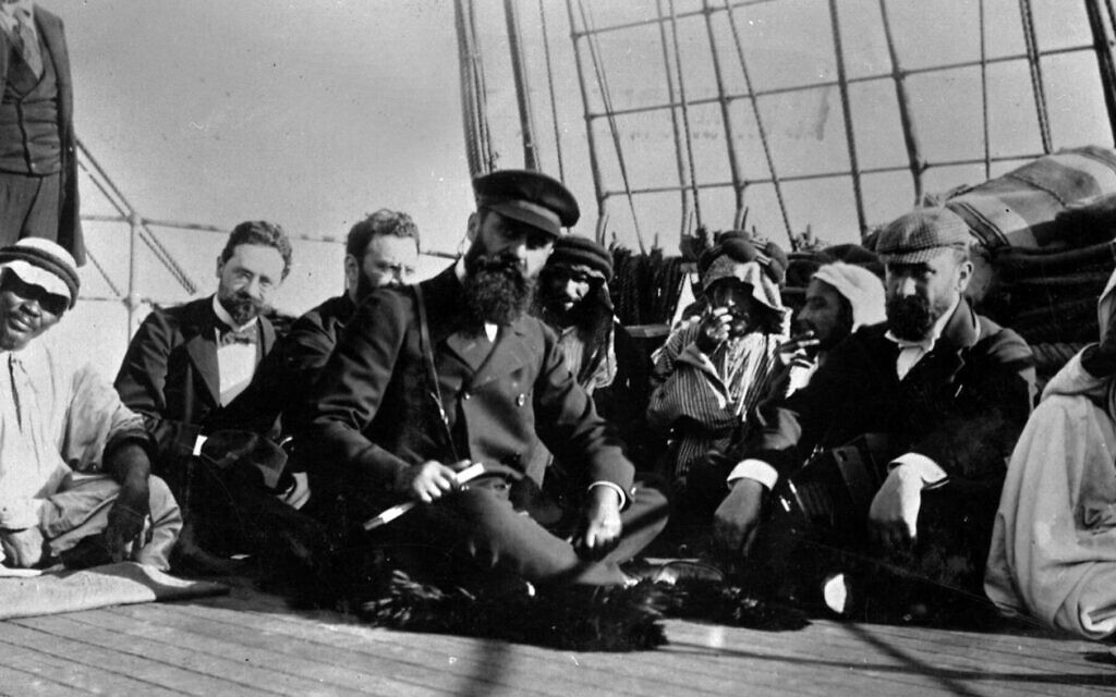 Theodor Herzl, center, shown on a boat in 1898. (Universal History Archive/Universal Images Group via Getty Images)