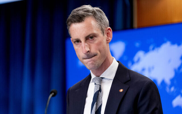 State Department spokesman Ned Price takes a question from a reporter during a news conference at the State Department in Washington, Feb. 28, 2022. (Andrew Harnik/Pool/AFP via Getty Images)
