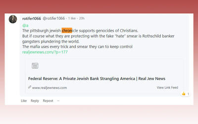 Screenshot left on Gab founder Andrew Torba's page after he posted a link to a Pittsburgh Jewish Chronicle story. Screenshot by David Rullo.