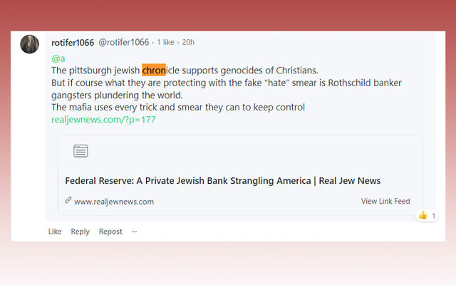 Screenshot left on Gab founder Andrew Torba's page after he posted a link to a Pittsburgh Jewish Chronicle story. Screenshot by David Rullo.