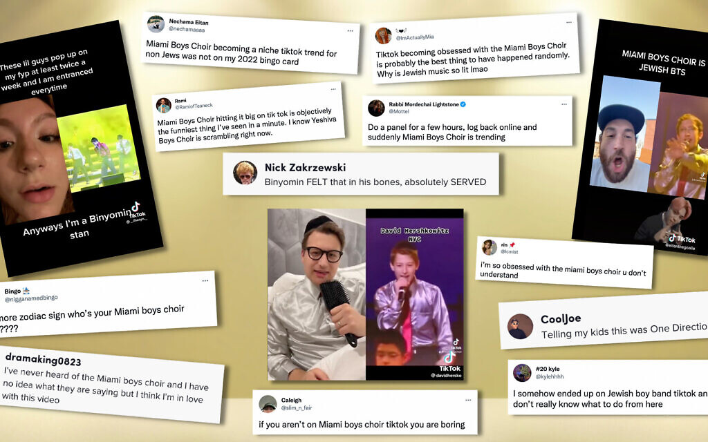 The Miami Boys Choir has gone viral on TikTok and Twitter, creating a new generation of fans of the Orthodox pop group.(Screenshots via Twitter, TikTok/Design by Jackie Hajdenberg)