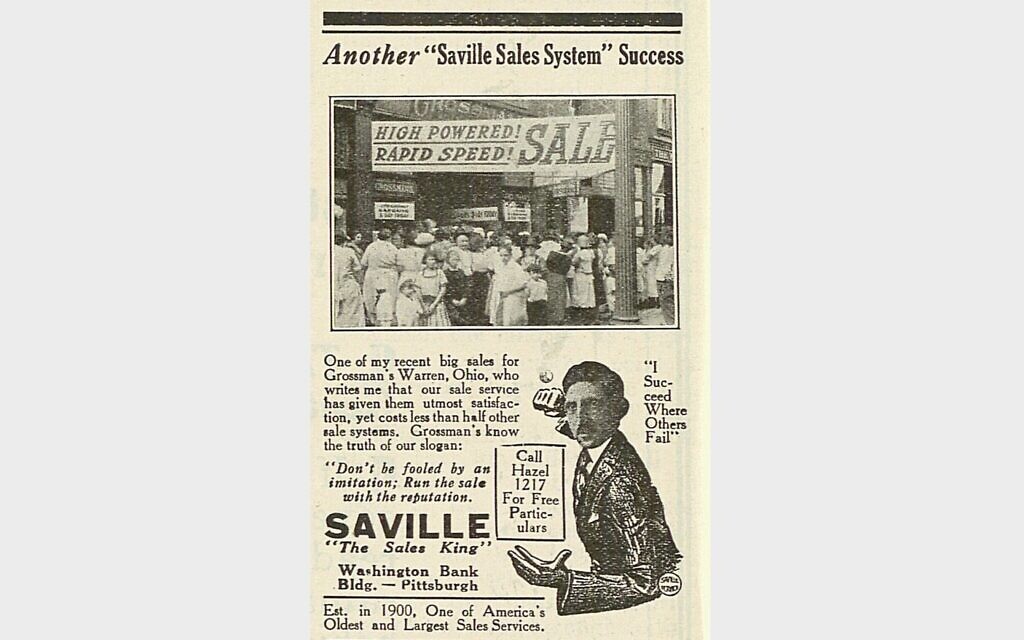 A typical Harry Saville advertisement in the March 28, 1924 issue of the Jewish Criterion, showing a scene from a recent promotional sale in Warren, Ohio (Image courtesy of the Rauh Jewish Archives)
