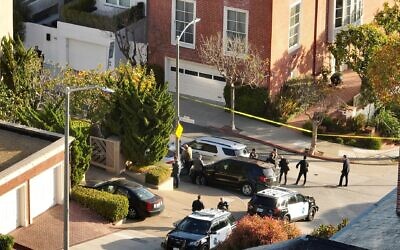 In an aerial view, San Francisco police officers and F.B.I. agents gather in front of the home of U.S. Speaker of the House Nancy Pelosi in San Francisco, Oct. 28, 2022. (Justin Sullivan/Getty Images)