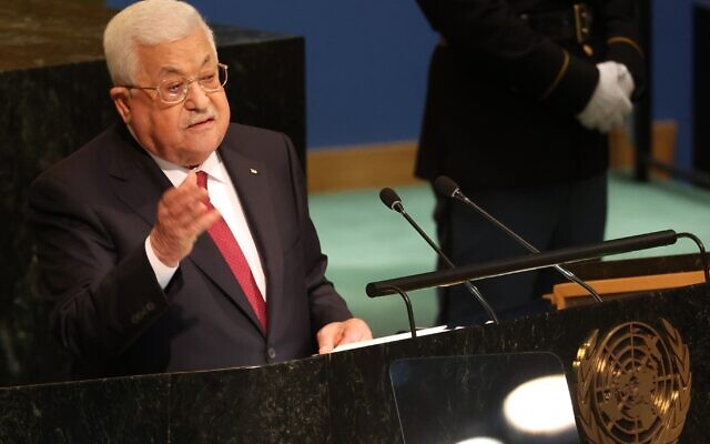Palestinian president Mahmoud Abbas speaks at the 77th session of the United Nations General Assembly at U.N. headquarters in New York City, Sept. 23, 2022. (Spencer Platt/Getty Images)