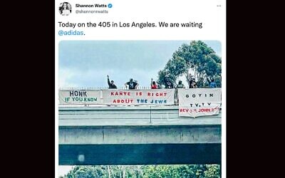 Pictures of the Goyim Defense League banners supporting Kanye West's comments about Jews went viral after they were captured in Los Angeles, Oct. 22, 2022. (Screenshot from Twitter)