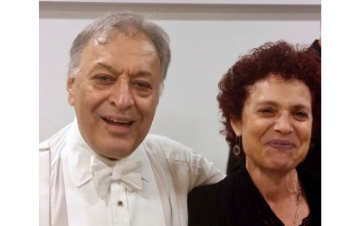Israel Philharmonic Orchestra conductor Zubin Mehta joins Sally Meth Ben Moshe during a concert intermission to celebrate her 60th birthday. Photo courtesy of Sally Meth Ben Moshe