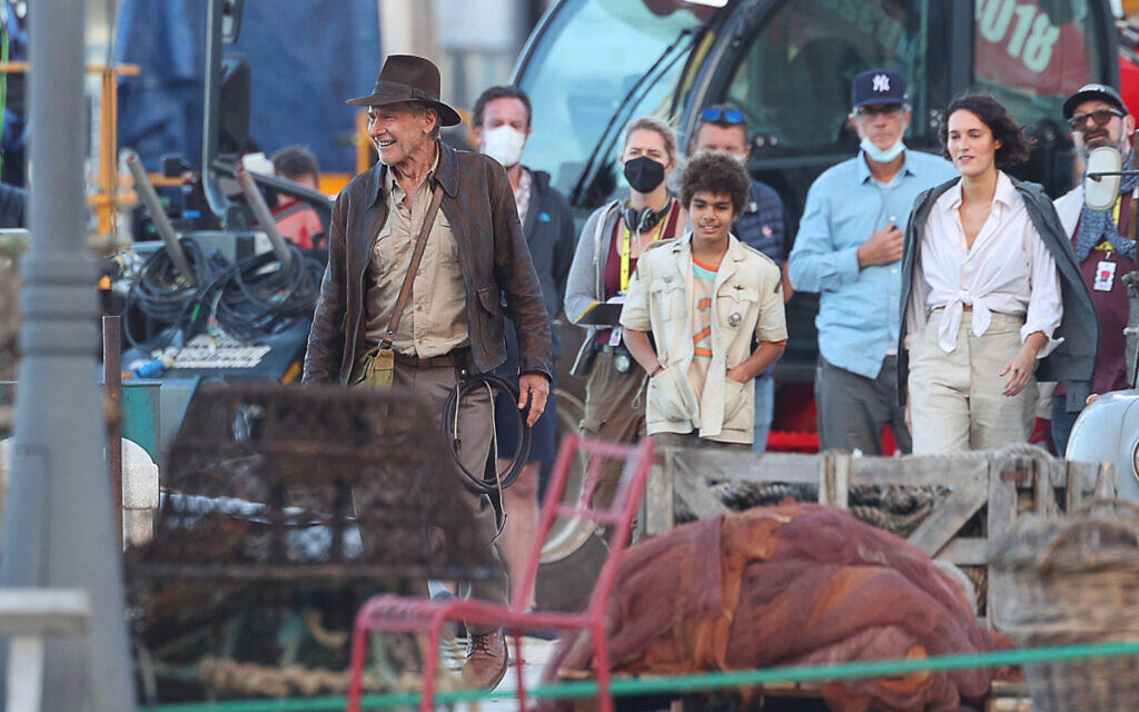 Harrison Ford and Phoebe Waller-Bridge are seen on the set of "Indiana Jones 5" in Sicily on Oct. 18, 2021, in Castellammare del Golfo, Italy. (Photo by Robino Salvatore/GC Images via Getty Images)