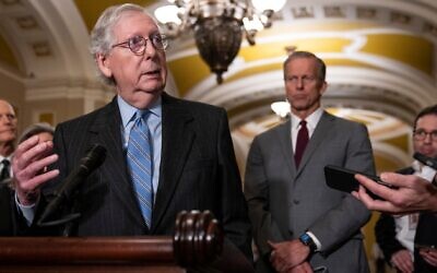 Senate Minority Leader Mitch McConnell, a Kentucky Republican, speaks to reporters after meeting with Senate Republicans at the U.S. Capitol, Nov. 29, 2022. (Drew Angerer/Getty Images)