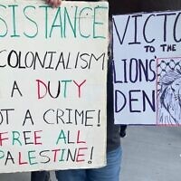 Protesters call for the destruction of Israel and victory for Palestinian terrorists, outside the JNF’s 2022 National Conference in Boston, Nov. 5, 2022. (Source: Canary Mission via JNS)