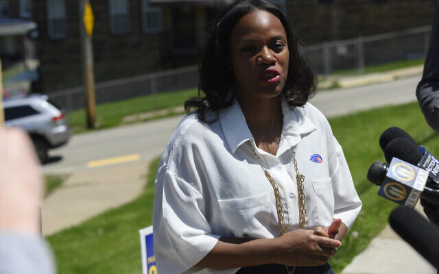 State Rep. Summer Lee talks to the press outside her polling station at the Paulson Recreation Center after voting with Pittsburgh Mayor Ed Gainey on May 17, 2022, in Pittsburgh. (Photo by Jeff Swensen/Getty Images)