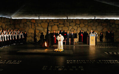 Pope Benedict XVI lays a wreath at the Yad Vashem Holocaust Memorial's Hall of Remembrance in Jerusalem, May 11, 2009. in Jerusalem, Israel. The pope ultimately did not enter the memorial because of its portrayal of Pius XII, the pope during the Holocaust. (David Silverman/Getty Images)
