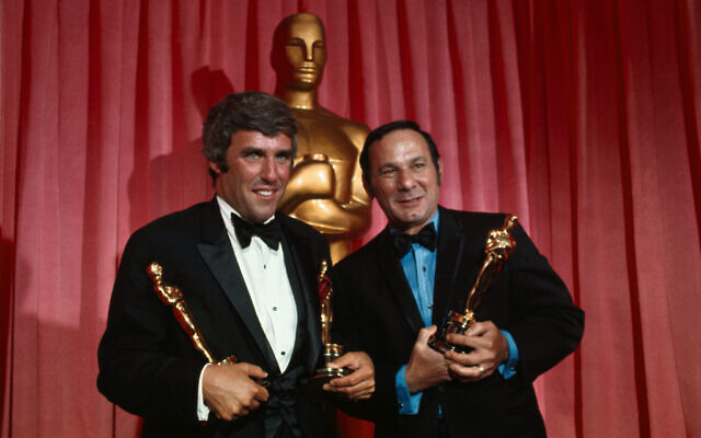 Composer Burt Bacharach (left) and lyricist Hal David hold Oscars they won for "Raindrops Keep Falling on My Head" from "Butch Cassidy and the Sundance Kid," at the Academy Awards, April 7, 1970. (Bettmann/Getty Images)