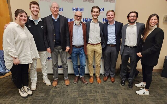 Speakers Dennis Ross and Ghaith al-Omari, third and fourth from left, join students and staff at Hillel JUC. Photo by Adam Reinherz