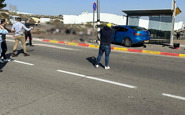 The scene of a suspected car-ramming attack near Ramot in Jerusalem. February 10, 2023. (Courtesy photo via The Times of Israel)