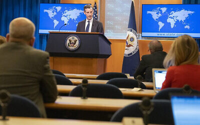 U.S. State Department spokesperson Ned Price holds a daily press briefing on March 1, 2021. (U.S. State Department Photo by Freddie Everett/ Public Domain, via JNS)
