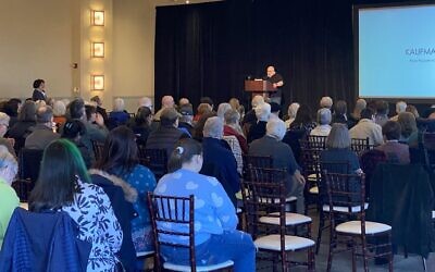 JGS President Steve Jaron introduces a program discussing the legacy of the Kaufmanns. The program was a collaboration between JGS and the Rauh Jewish Archives. Photo provided by the Jewish Genealogy Society.