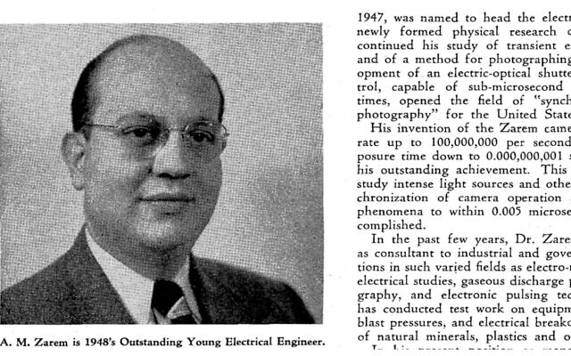 An item about Abraham Zarem appears in the January 1949 issue of “Engineering and Science Monthly,” a magazine for alumni of the California Institute of Technology.