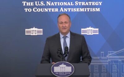 Second Gentleman Douglas Emhoff speaks about the Biden administration's antisemitism strategy at the State Department, May 25, 2023. (Screenshot)