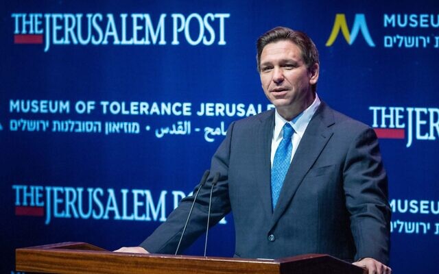 Florida Gov. Ron DeSantis speaks at a Jerusalem Post conference at the Museum of Tolerance in Jerusalem on April 27, 2023. (Yonatan Sindel/Flash90)