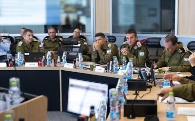 Military chief Herzi Halevi meets with senior officials at IDF headquarters in Tel Aviv, May 9, 2023. (Israel Defense Forces)