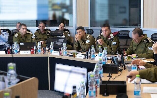 Military chief Herzi Halevi meets with senior officials at IDF headquarters in Tel Aviv, May 9, 2023. (Israel Defense Forces)