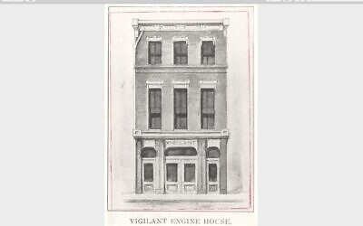Illustration of the Vigilant Fire Engine House, where Shaare Shamayim Con-gregation dedicated a synagogue in August 1849. (Image courtesy of the Rauh Jewish Archives)