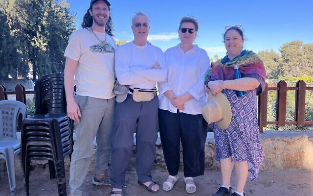 Sam Weinberg, Rich Weinberg, Wendy Kobee, and Rabbi Amy Bardack at Solomon's Pools, whose ancient aqueducts provided water to Jerusalem during the Second Temple period.  The pools are located in the Palestinian controlled area of the West Bank (Area A). Photo provided by Amy Bardack.