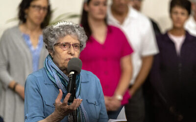 Rabbi Doris Dyen, a member of Congregation Dor Hadash, speaks surrounded by other survivors and the family members of victims during a press conference at the Jewish Community Center in Squirrel Hill on Wednesday, Aug. 2, 2023, after a jury decided that the Pittsburgh synagogue shooting gunman will receive the death penalty for killing 11 people at the Tree of Life synagogue on Oct. 27, 2018. (Alexandra Wimley/Pittsburgh Union Progress)