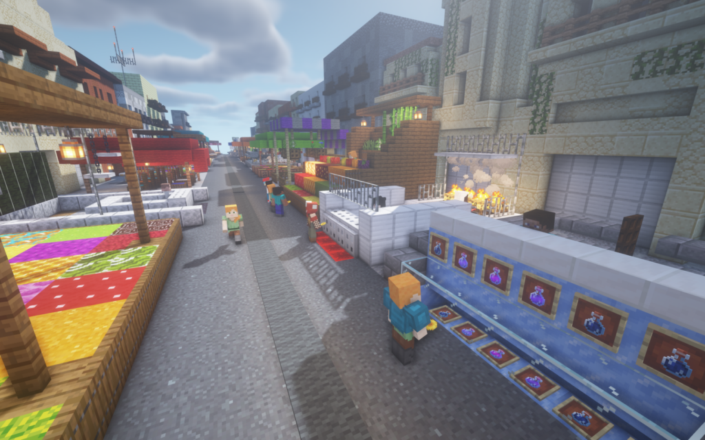 A rendition of a shuk, or Israeli market, built inside the video game Minecraft by the organization Lost Tribe, which works to build Jewish community among young people in online spaces. (Courtesy of Lost Tribe)
