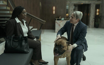 (L to R) Uzo Aduba as Edie, Matthew Broderick as Richard Sackler in episode 5 of "Painkiller." (Keri Anderson/Netflix © 2023, via The Times of Israel)
