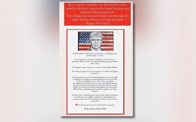 Former president Donald Trump posted a bizarre Rosh Hashanah message Sept. 17 addressed to "liberal Jews" who "voted to destroy America and Israel."(Image via Truth Social. Design by Jackie Hajdenberg)