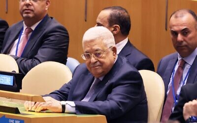 Palestinian Authority President Mahmoud Abbas attends an observation of the 75th anniversary of the Nakba in the General Assembly Hall at the United Nations, May 15, 2023. (Michael M. Santiago/Getty Images)