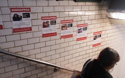 Posters of Israeli hostages in New York City's Union Square subway station, October 16, 2023. (Luke Tress)