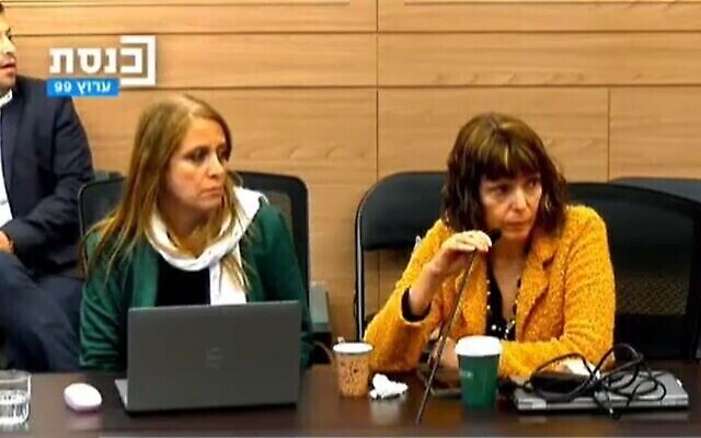 Health Ministry officials Dr. Hagar Mizrahi, left, and Prof. Ronit Endevelt attend a Knesset Health Committee discussion at the Knesset in Jerusalem, December 5, 2023. (Screenshot: Knesset Channel)