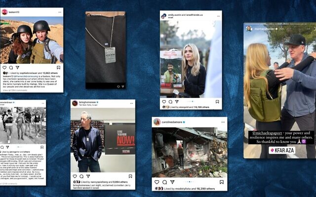 Celebrities and influencers including Jerry Seinfeld, Debra Messing, Montana Tucker, Scooter Braun, Michael Rapaport, Caroline D'Amore, Gregg Sulkin, and Emily Austin headed to Israel over the past week to meet with hostage families and visit the sites of the Oct. 7 massacres. (Screenshots via Instagram, design by Jackie Hajdenberg)