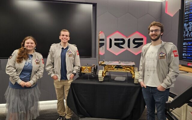 CMU students Sonja Michaluk (left) , Zachary Muraskin (center) and Paulo Rotband Marchtein Fisch (right) helped develop the Iris rover that was launched into space on Jan. 8 (Photo by David Rullo)