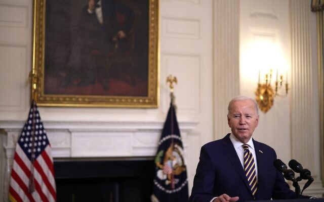 U.S. President Joe Biden delivers remarks on the Emergency National Security Supplemental Appropriations Act in the State Dining Room of the White House, Feb. 6, 2024. (Alex Wong/Getty Images)
