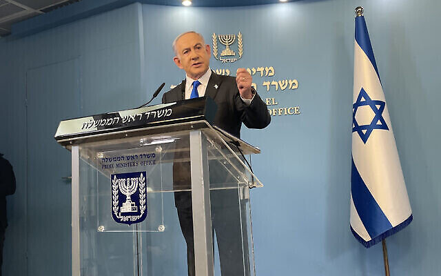 Prime Minister Benjamin Netanyahu at a press conference in Jerusalem, Feb. 7, 2024. (Sam Sokol / Times of Israel)