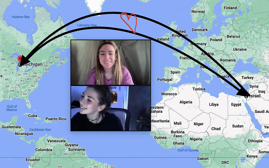 Composite image showing One2One participants on an undated video call, over a map connecting the U.S. and Israel. (Courtesy image via The Times of Israel)