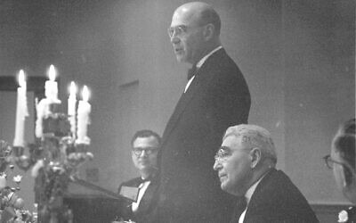 Dr. Solomon B. Freehof of Rodef Shalom Congregation watches Leon Falk Jr. give an address in the new Falk Auditorium of Temple Sinai during the dedication of an addition to the synagogue complex in May 1958—photograph by Hans Jonas. (Photo courtesy of the Rauh Jewish Archives)