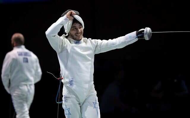 Yuval Freilich celebrates after a victory during the 2019 European Fencing Championships in Germany. (Federico Gambarini/Getty Images)