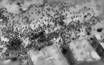 In this screenshot taken from video released by the IDF on Feb. 29, 2024, Palestinians surround aid trucks in northern Gaza. (Israel Defense Forces)