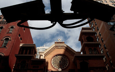 Security cameras hang across the street from the Park East Synagogue in New York City. (Drew Angerer/Getty Images)