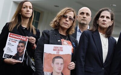 Family members of Americans who were taken hostage by Hamas during the terrorist attacks in Israel on Oct. 7, including, left to right, Yael Alexander, Orna Neutra, Adi Alexander and Liz Naftali talk to reporters outside the West Wing of the White House, Dec. 13, 2023. (Chip Somodevilla/Getty Images)