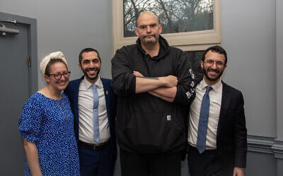 Lauren Noorparvar, Elan Noorparvar, Sen. John Fetterman and Rabbi Yitzi Genack on March 31. (Photo courtesy of Shaare Torah Congregation)